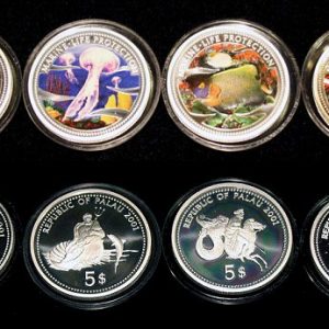 Lot von 4 Palau Farbmünzen 5 Dollars Silber 2001 - Set of 4 Palau Color Coins 5$ Silver - Marine Life Protection