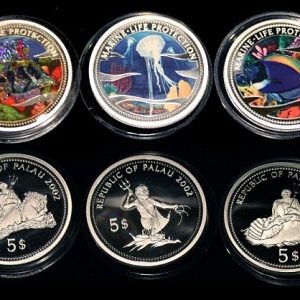 Lot von 3 Palau Farbmünzen 5 Dollars Silber 2001 - Set of 3 Palau Color Coins 5$ Silver - Marine Life Protection