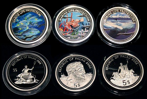 Marine Life Protection 5 Dollars 900 Silver Republic of Palau 2004 2002 Farbmünzen Sammlermünzen Meeresschutz Silber