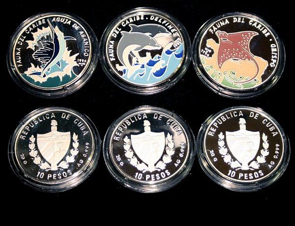 Fauna del caribe Farbmünzen Color Coins,Peces Tropicales Republica de Cuba Tropische Fische Kuba Lot von 3 Silber Farbmünzen Set of 3 Color Silver Coins