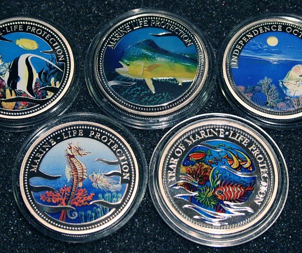Color coins Collectibles Marine Life Protection Palau 1$ Coins Farbmünzen Meeresschutz Palau 1$ Münzen 2001 2006 1994 1995 1992