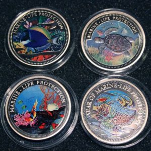 2002 1998 Doktorfisch Blue Surgeon Fish Wasserschildkröte Seaturtle Marine Life Protection Palau 1$ Coins Farbmünzen