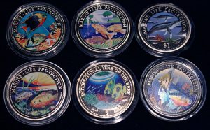 Set of 6 Color Coins Marine Life Protection - Lot von 6 Farbmünzen, Gambia, Liberia, Namibia, Ghana & Madives
