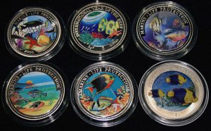 Set of 6 Color Coins Marine Life Protection - Lot von 6 Farbmünzen, Congo, Maldives, Liberia, Somali, Gambia & Niue
